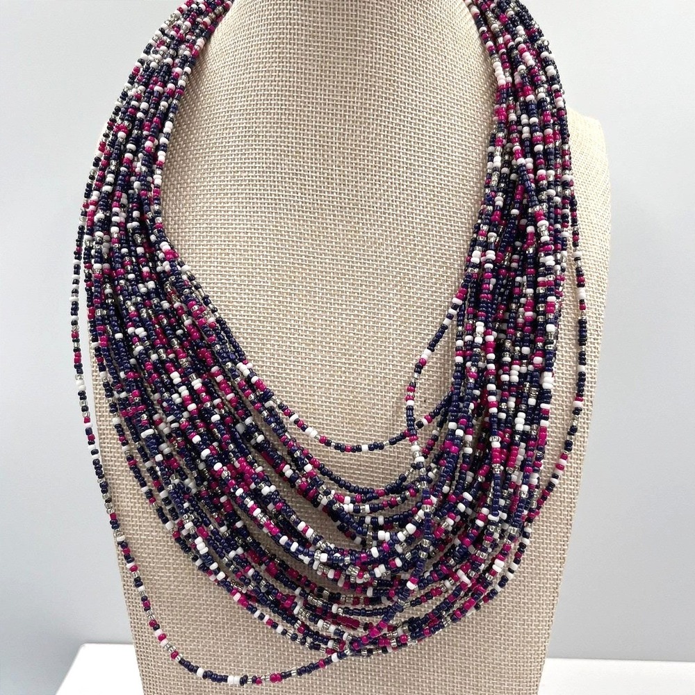 Vintage 80s Seed Bead Torsade Necklace‎ Multi-Strand Rainbow Boho Hippie Layered